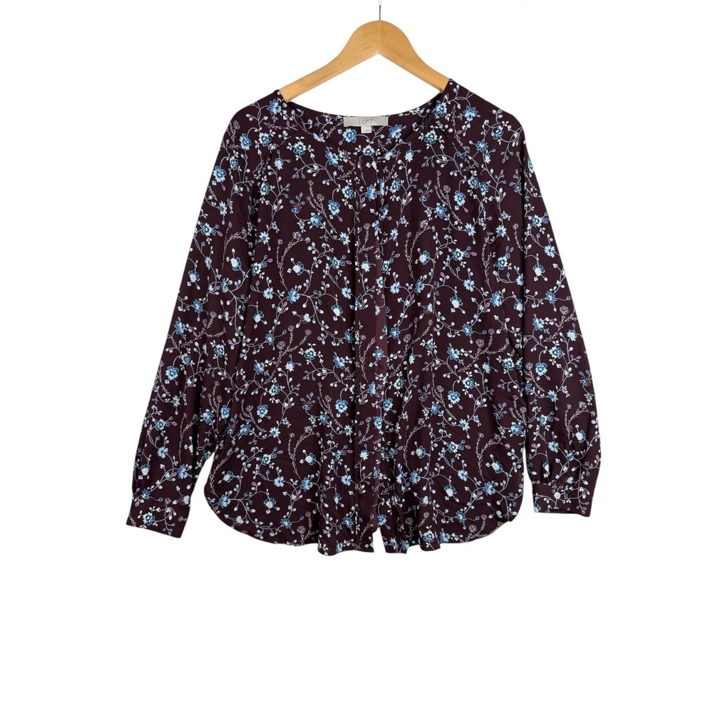 Loft‎ Floral Print Long Sleeve Blouse size Large Maroon/Blue